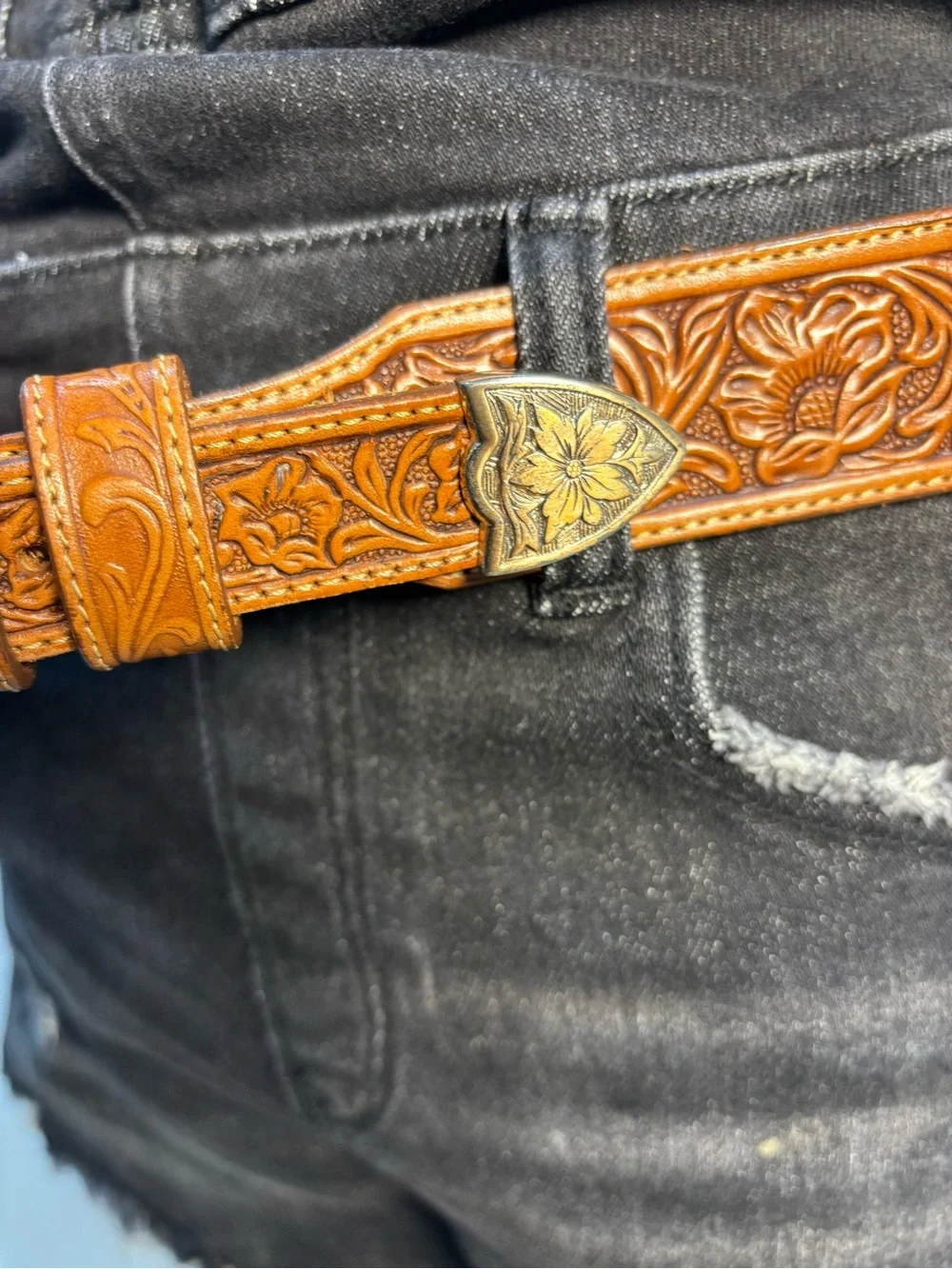 Vintage Eagle Leatherworks Tooled Floral Belt Brown 38 Made USA Leather Western